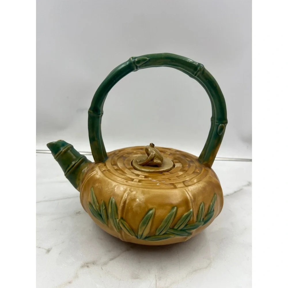 VTG Majolica Ceramic Teapot Bamboo Handle Frog Finial Yellow Green Decor